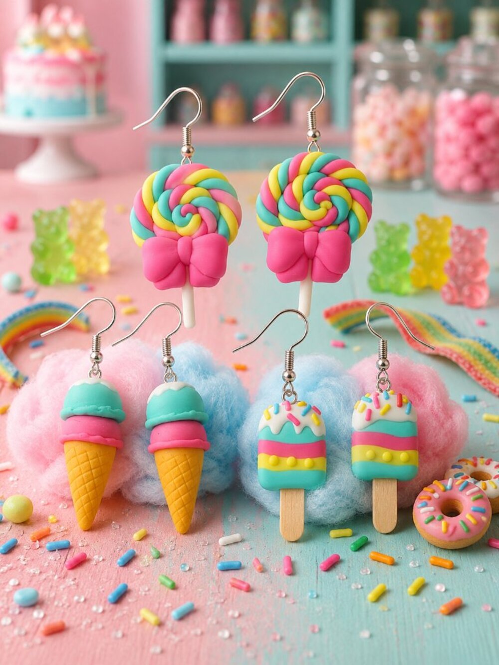 Resin Ice Cream Popsicle Lollipop Kawaii Food Dangle Earrings Set 3 Pair 2.55"